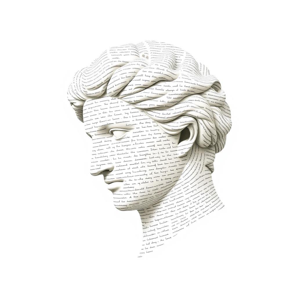 A minimalist image of a Greek statue head, crafted to appear as if it is made entirely from old handwritten text