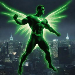 A superhero radiating a vibrant, green radioactive aura, flying against a dark city skyline, skillfully manipulating radioactive energy in battle.