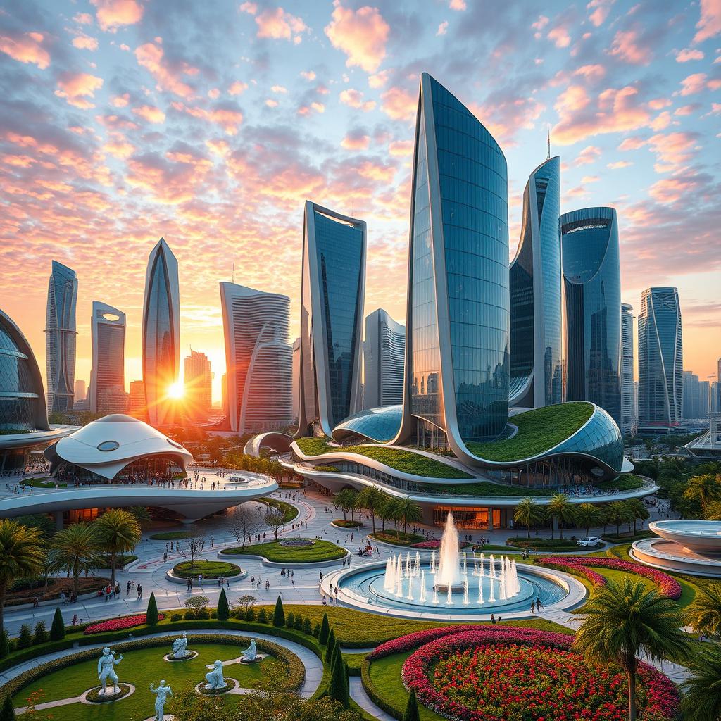 A stunning architectural scene showcasing a futuristic cityscape with innovative buildings and skyscrapers