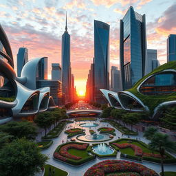 A stunning architectural scene showcasing a futuristic cityscape with innovative buildings and skyscrapers