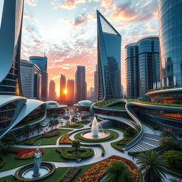 A stunning architectural scene showcasing a futuristic cityscape with innovative buildings and skyscrapers