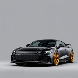 A bold Audi RS E-tron GT in a sleek black finish, accentuated by striking gold wheels, prominently displayed against a sophisticated grey background