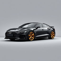 A bold Audi RS E-tron GT in a sleek black finish, accentuated by striking gold wheels, prominently displayed against a sophisticated grey background