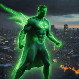 A superhero radiating a vibrant, green radioactive aura, flying against a dark city skyline, skillfully manipulating radioactive energy in battle.