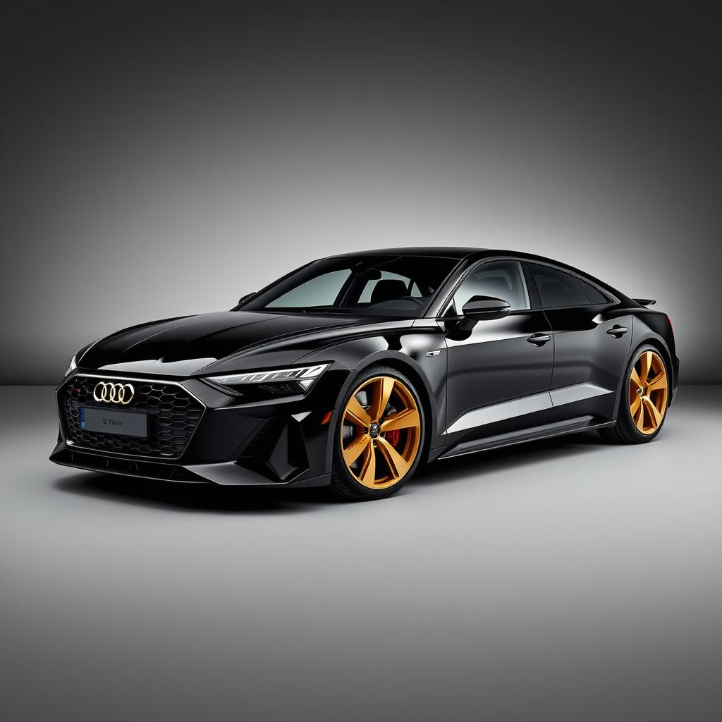 A bold Audi RS E-tron GT in a sleek black finish, accentuated by striking gold wheels, prominently displayed against a sophisticated grey background