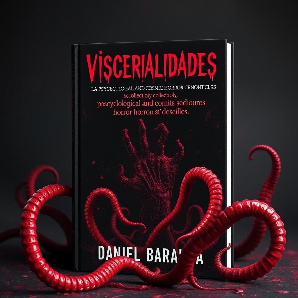 A captivating book cover for a collection of psychological and cosmic horror chronicles titled "Visceralidades" by Daniel Barauna