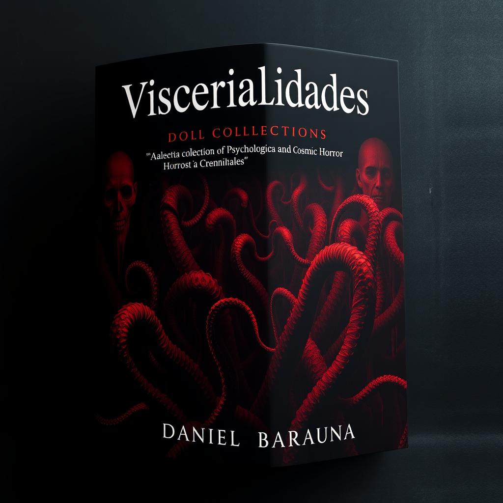 A captivating book cover for a collection of psychological and cosmic horror chronicles titled "Visceralidades" by Daniel Barauna