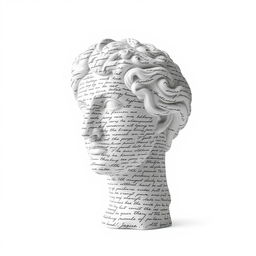 A minimalist image showcasing a full Greek statue head, creatively designed to appear as if it’s made entirely from inked handwriting text