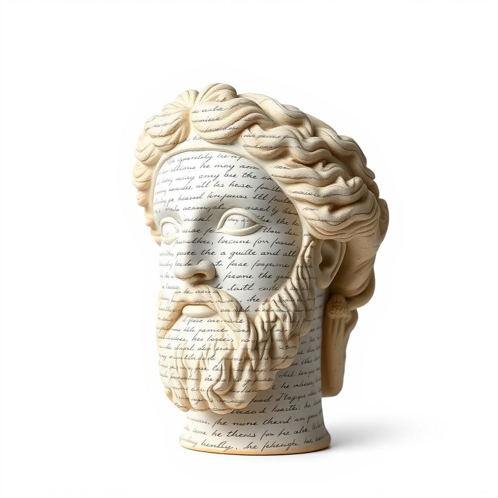 A minimalist image showcasing a full Greek statue head, creatively designed to appear as if it’s made entirely from inked handwriting text