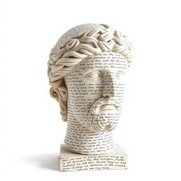 A minimalist image showcasing a full Greek statue head, creatively designed to appear as if it’s made entirely from inked handwriting text