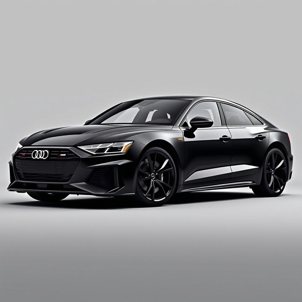 A sleek Audi RS E-tron GT in an all-black finish, including sophisticated black wheels, showcased against a stylish grey background