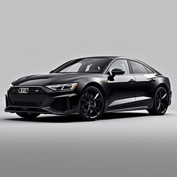 A sleek Audi RS E-tron GT in an all-black finish, including sophisticated black wheels, showcased against a stylish grey background