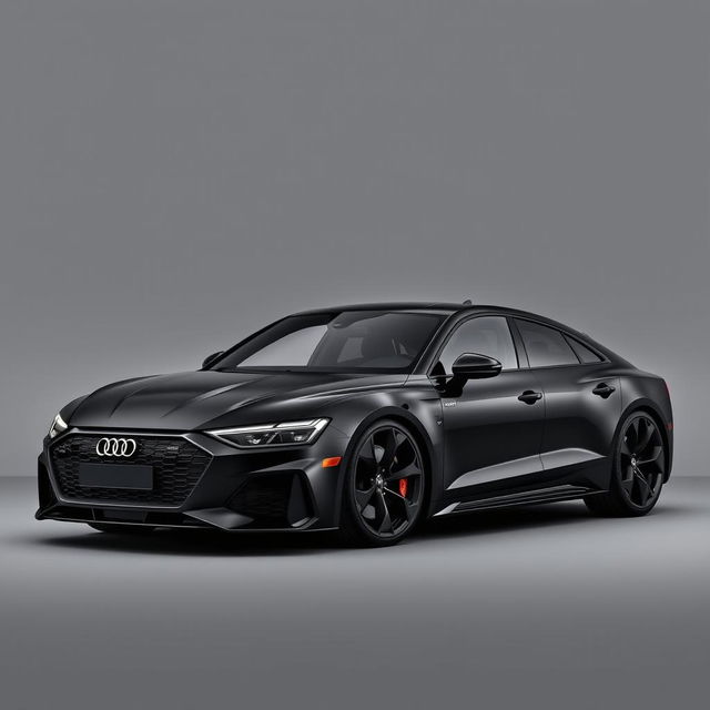 A sleek Audi RS E-tron GT in an all-black finish, including sophisticated black wheels, showcased against a stylish grey background