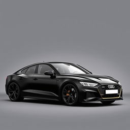 A sleek Audi RS E-tron GT in an all-black finish, including sophisticated black wheels, showcased against a stylish grey background