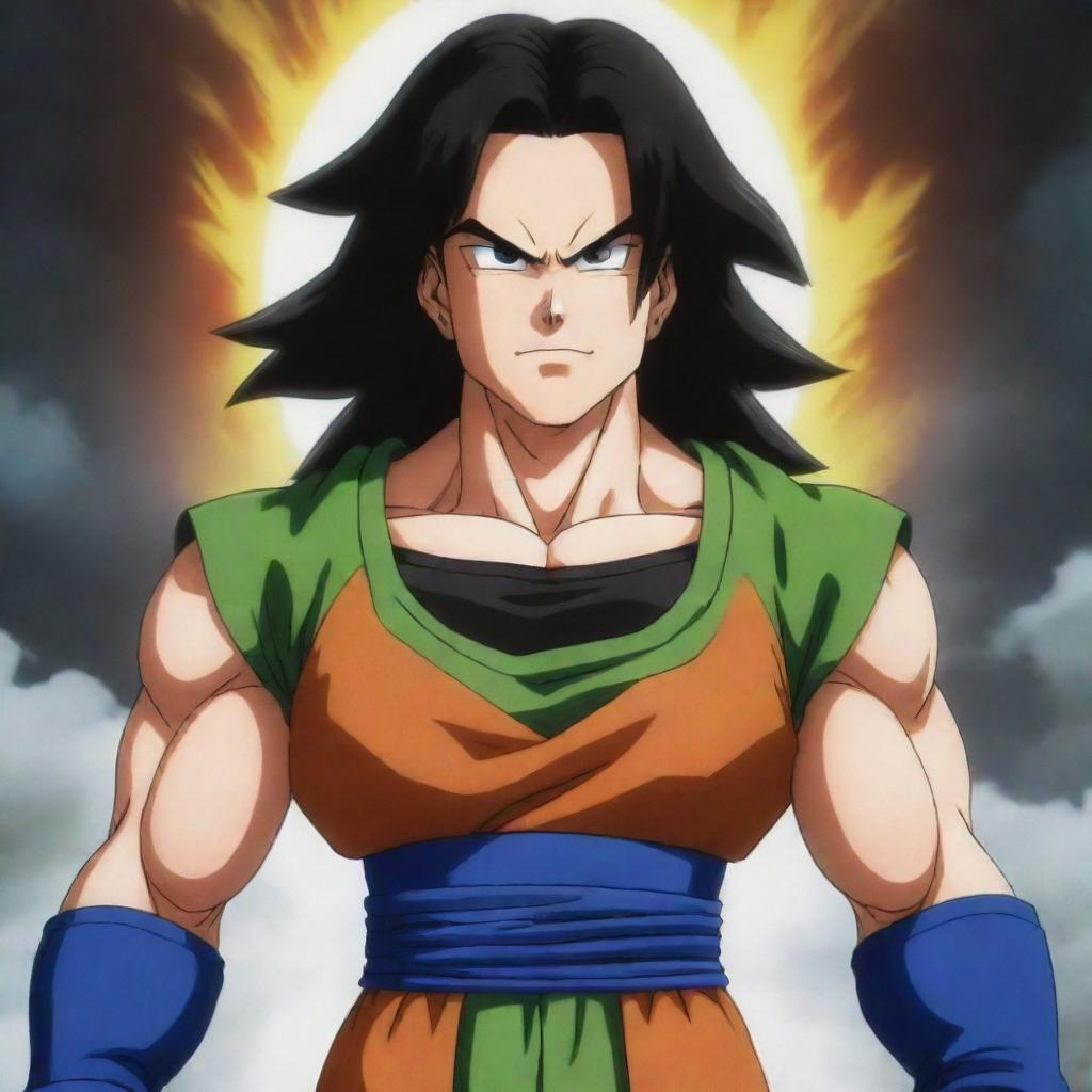 Android 17 from Dragon Ball, triumphantly standing victorious over defeated adversaries, Broly and Jiren.