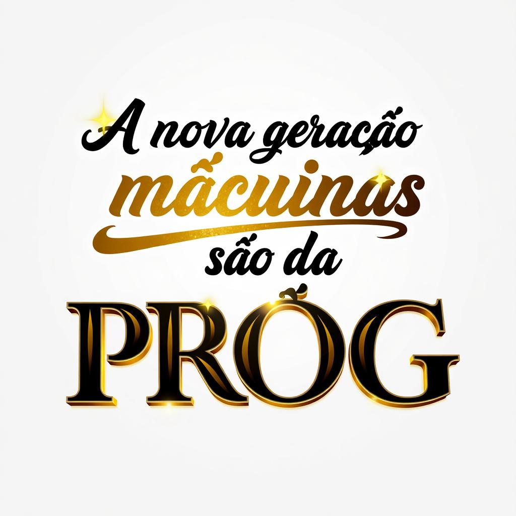 An advertising text in elegant golden and black lettering that reads 'A nova geração de máquinas são da PROG', set against a clean white background