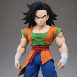 Android 17 from Dragon Ball, triumphantly standing victorious over defeated adversaries, Broly and Jiren.