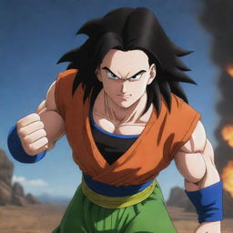 Android 17 from Dragon Ball, triumphantly standing victorious over defeated adversaries, Broly and Jiren.