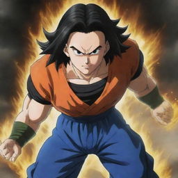 Android 17 from Dragon Ball, triumphantly standing victorious over defeated adversaries, Broly and Jiren.