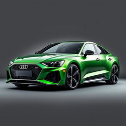 An eye-catching Audi RS E-tron GT in a stunning metallic green finish, paired with sleek black wheels, showcased against a sophisticated grey background