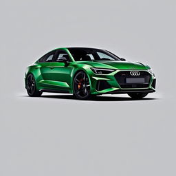 An eye-catching Audi RS E-tron GT in a stunning metallic green finish, paired with sleek black wheels, showcased against a sophisticated grey background