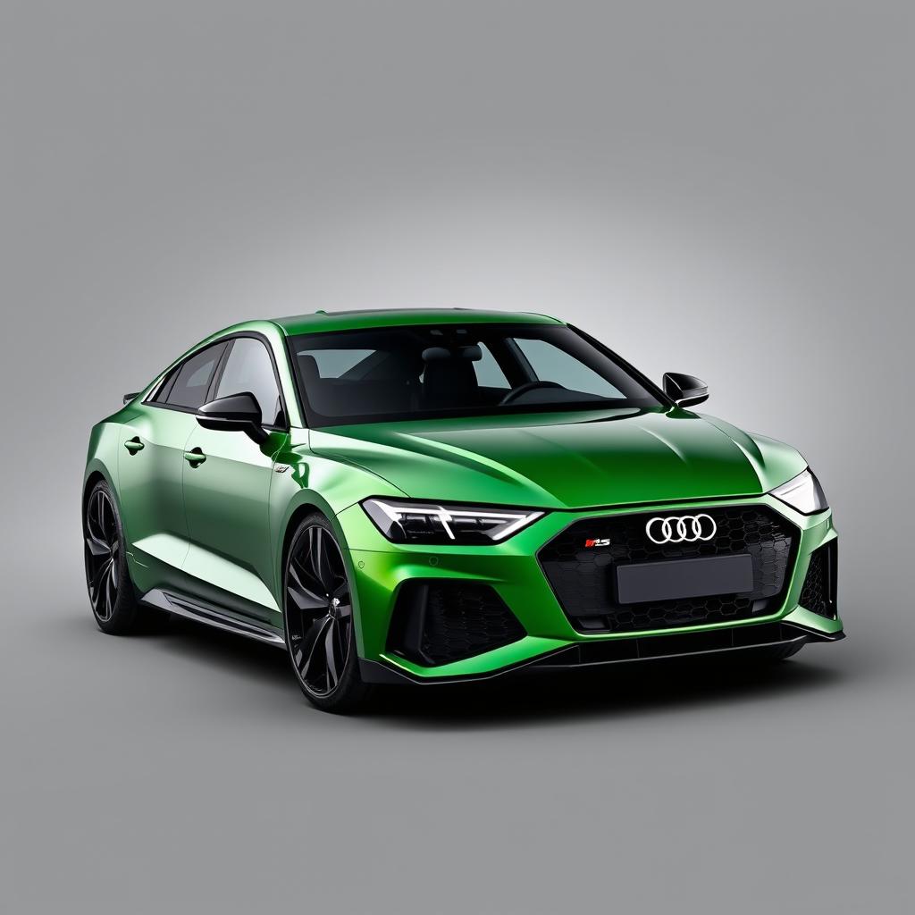 An eye-catching Audi RS E-tron GT in a stunning metallic green finish, paired with sleek black wheels, showcased against a sophisticated grey background