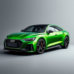 An eye-catching Audi RS E-tron GT in a stunning metallic green finish, paired with sleek black wheels, showcased against a sophisticated grey background