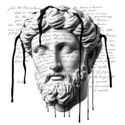 A full face of a Greek statue head, intricately detailed and realistic, surrounded by an artistic layer of handwriting text that flows elegantly across the surface