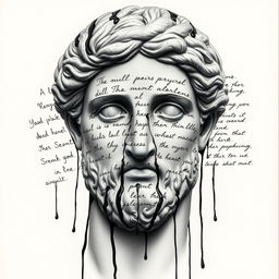 A full face of a Greek statue head, intricately detailed and realistic, surrounded by an artistic layer of handwriting text that flows elegantly across the surface