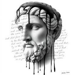 A full face of a Greek statue head, intricately detailed and realistic, surrounded by an artistic layer of handwriting text that flows elegantly across the surface