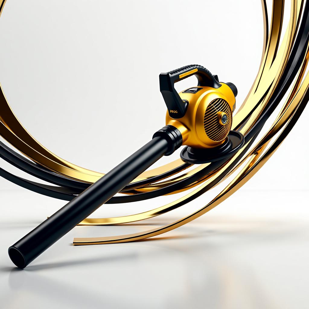 A striking 3D representation of a golden and black leaf blower labeled 'PROG'