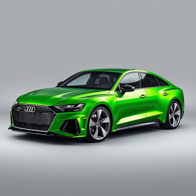 An impressive Audi RS E-tron GT in a vibrant metallic green finish, complemented by sleek silver wheels, showcased against a refined grey background