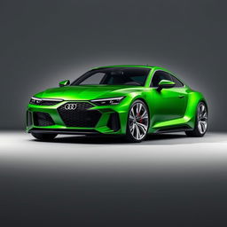 An impressive Audi RS E-tron GT in a vibrant metallic green finish, complemented by sleek silver wheels, showcased against a refined grey background