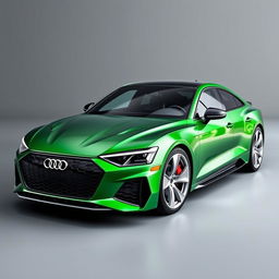 An impressive Audi RS E-tron GT in a vibrant metallic green finish, complemented by sleek silver wheels, showcased against a refined grey background