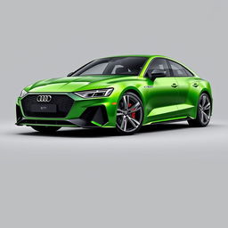 An impressive Audi RS E-tron GT in a vibrant metallic green finish, complemented by sleek silver wheels, showcased against a refined grey background