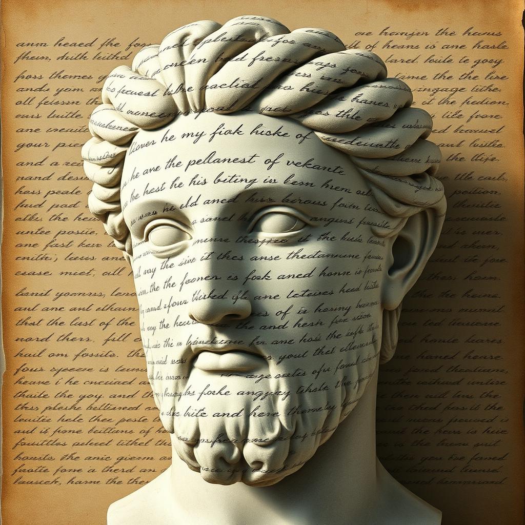 A full face of a Greek statue head, rendered with exquisite details and realism, covered by elegant handwriting text that weaves across the surface