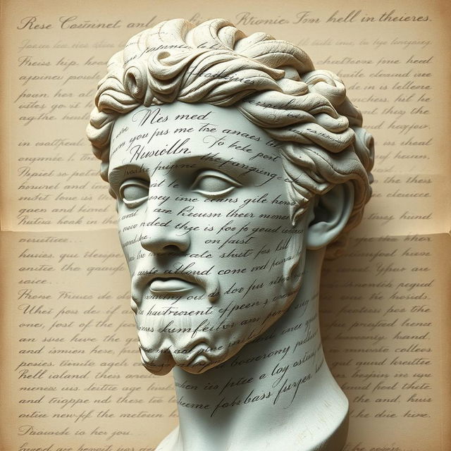 A full face of a Greek statue head, rendered with exquisite details and realism, covered by elegant handwriting text that weaves across the surface