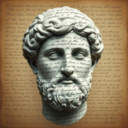 A full face of a Greek statue head, rendered with exquisite details and realism, covered by elegant handwriting text that weaves across the surface