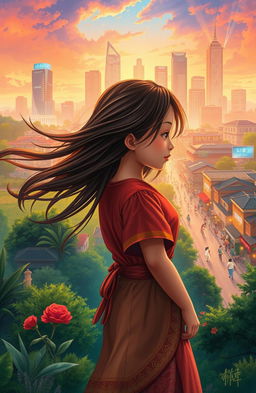 An enchanting novel cover depicting the metamorphosis of a young village girl journeying to the city in search of her fortune