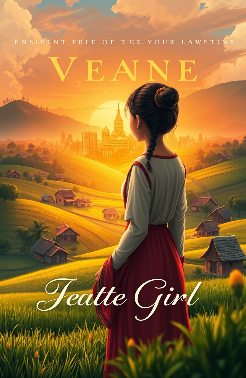 A captivating book cover design illustrating the transformative journey of a young village girl as she ventures into the city in search of her fortune