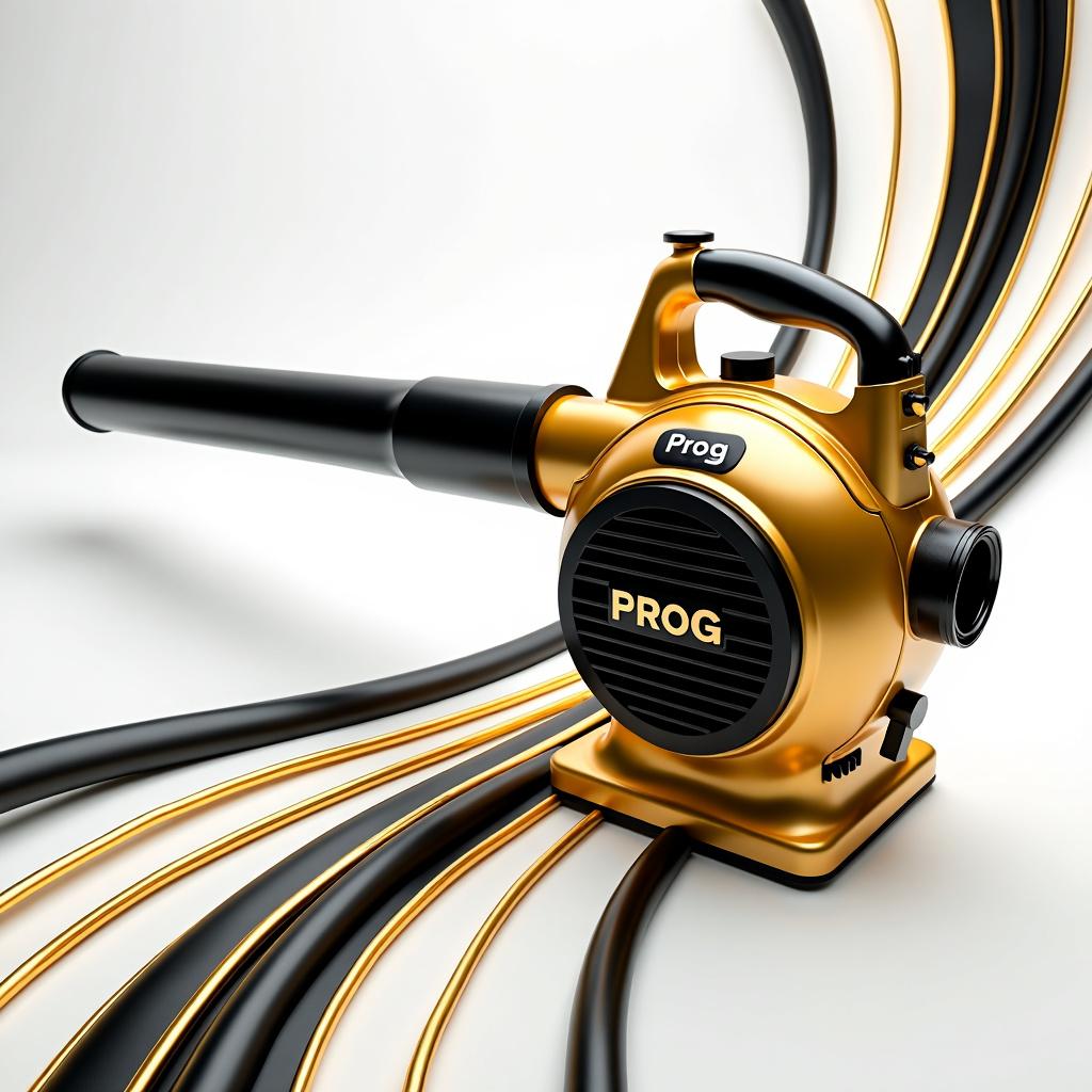 A 3D representation of a golden and black leaf blower prominently displaying 'PROG'