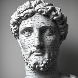 A black and white full face of a Greek statue head, showcasing exquisite details and textures in monochrome