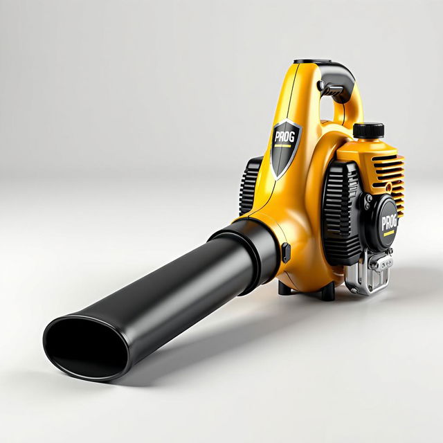 A golden and black gas leaf blower labeled 'PROG' presented in a striking 3D design