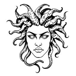 A striking black and white full face of Medusa, rendered entirely from elegant handwriting text