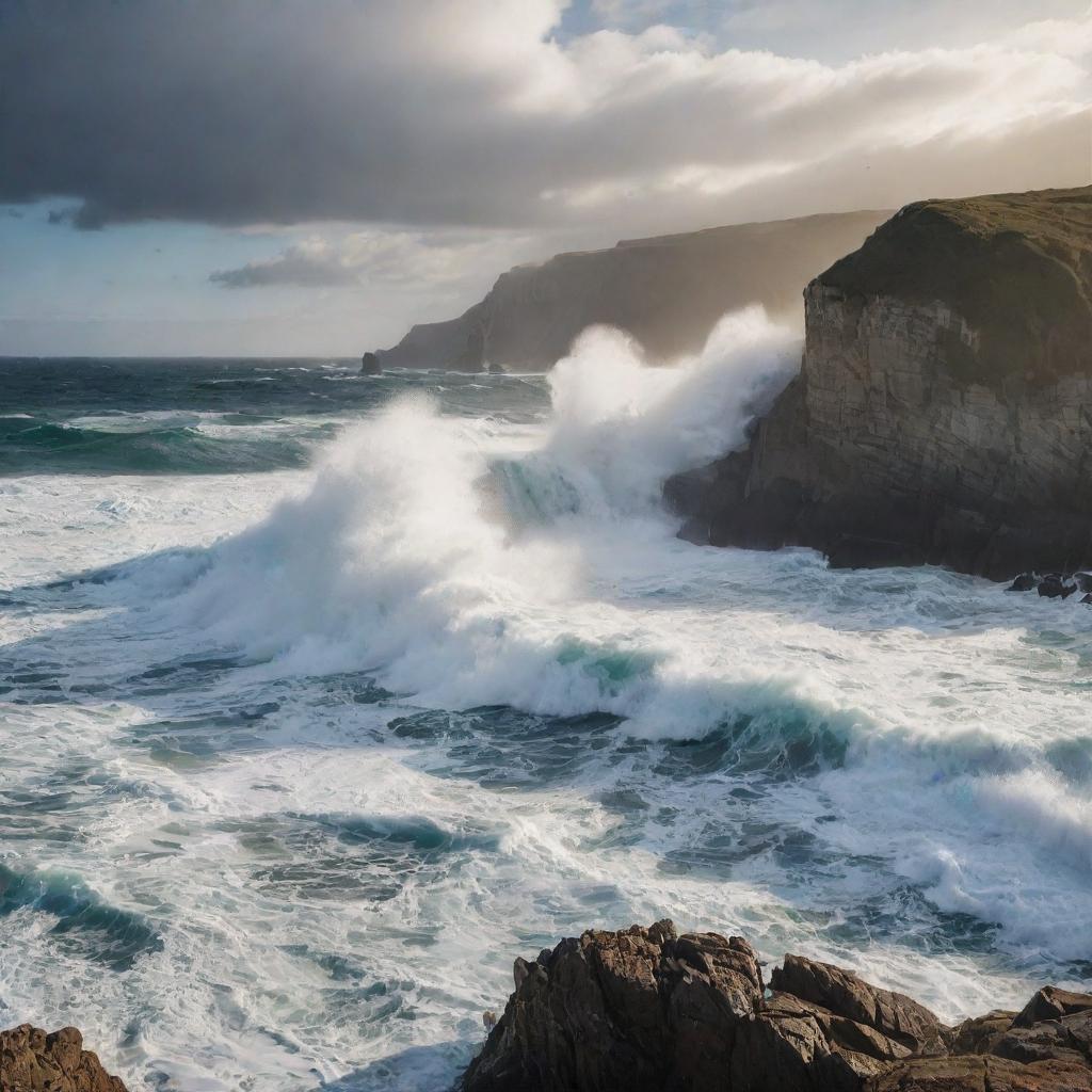 A captivating seascape with towering waves crashing against rocky shorelines. A dramatic play of light and shadows dances on the churning water, highlighting the raw power of nature.