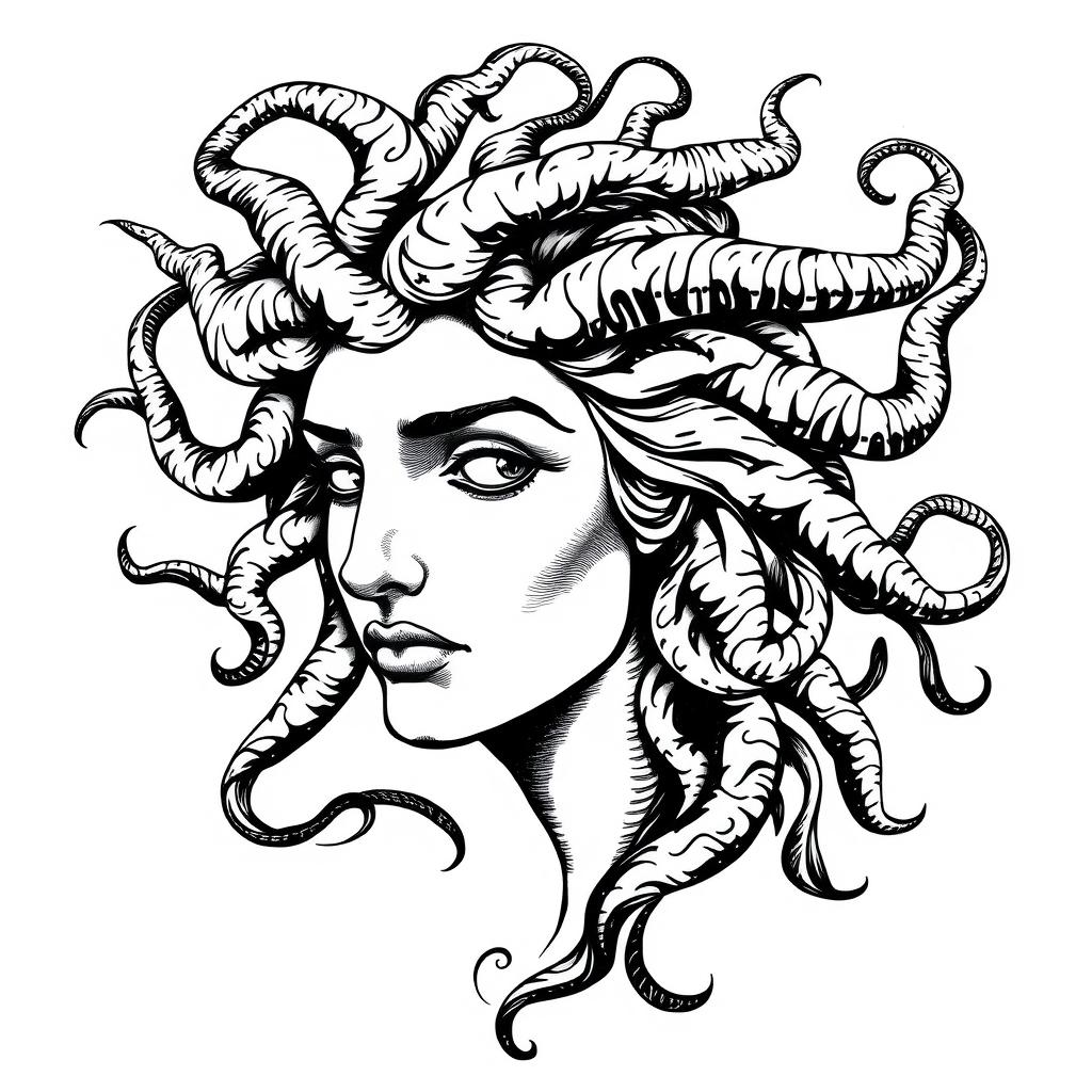 A striking black and white full face of Medusa, rendered entirely from elegant handwriting text