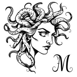 A striking black and white full face of Medusa, rendered entirely from elegant handwriting text