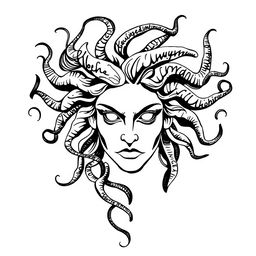 A striking black and white full face of Medusa, rendered entirely from elegant handwriting text