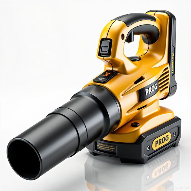 A 3D representation of a powerful battery-operated leaf blower in a striking golden and black color scheme, prominently displaying the label 'PROG'