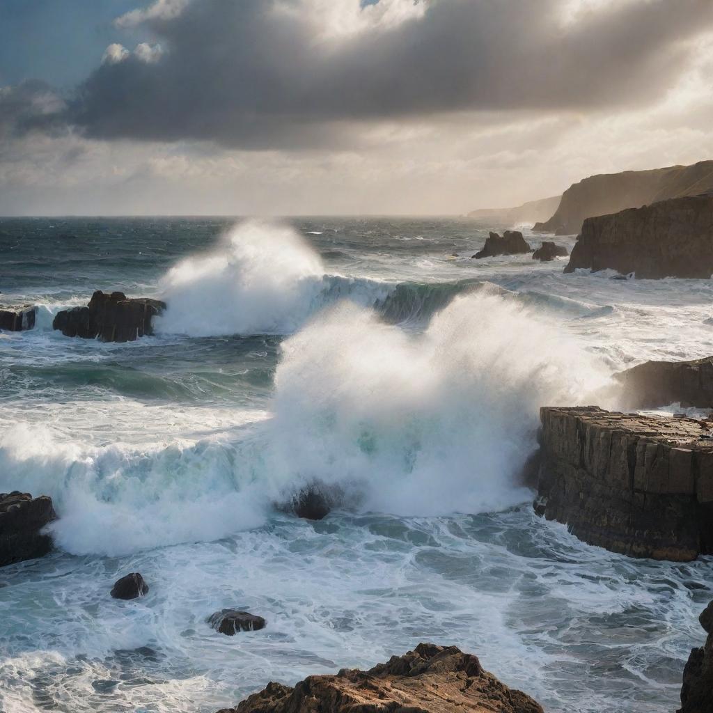 A captivating seascape with towering waves crashing against rocky shorelines. A dramatic play of light and shadows dances on the churning water, highlighting the raw power of nature.